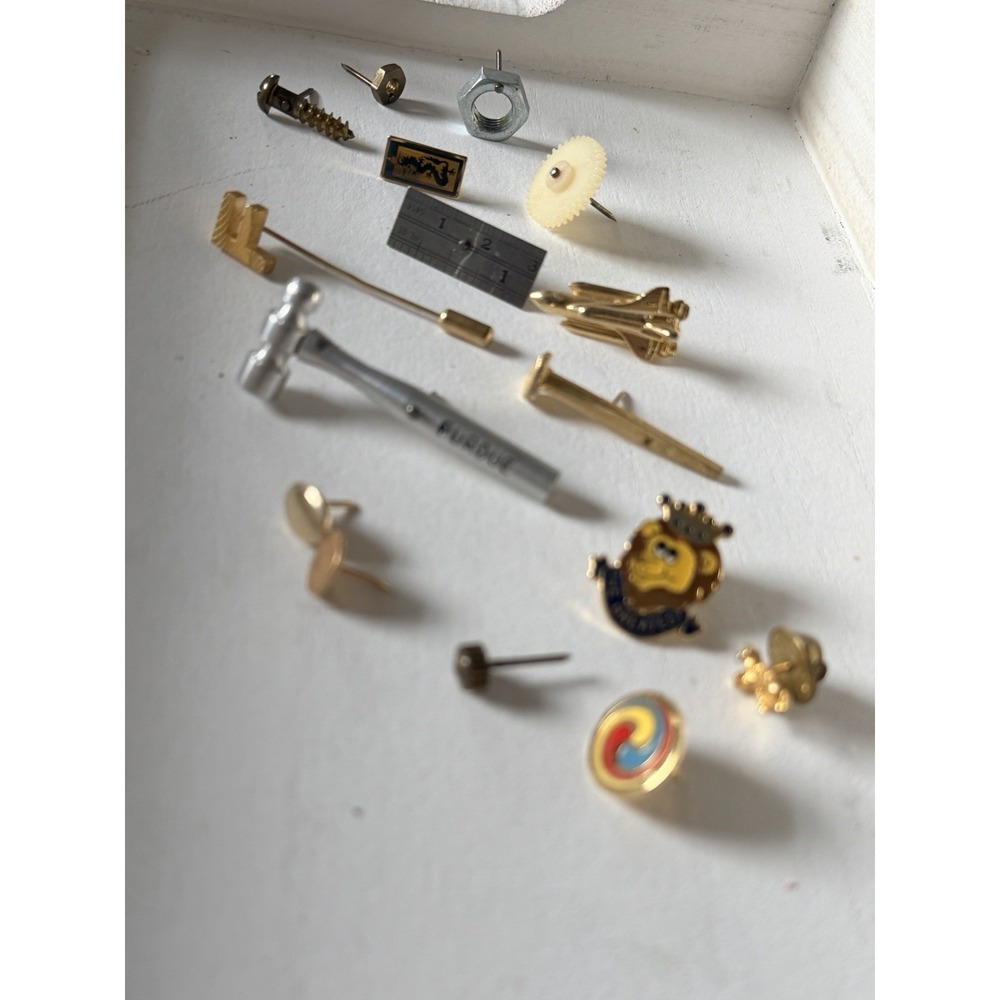 Vintage Tie Tacks Lapel Pins Lot 16 Gold Tone Unique Novelty Mens Airplane Tools